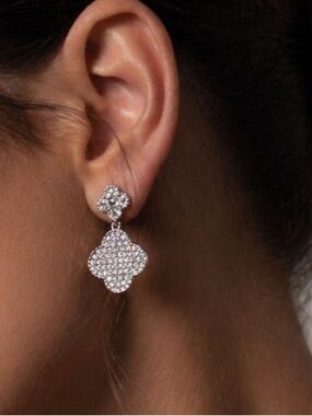 Silver Clover Drop Earrings Pave Crystals